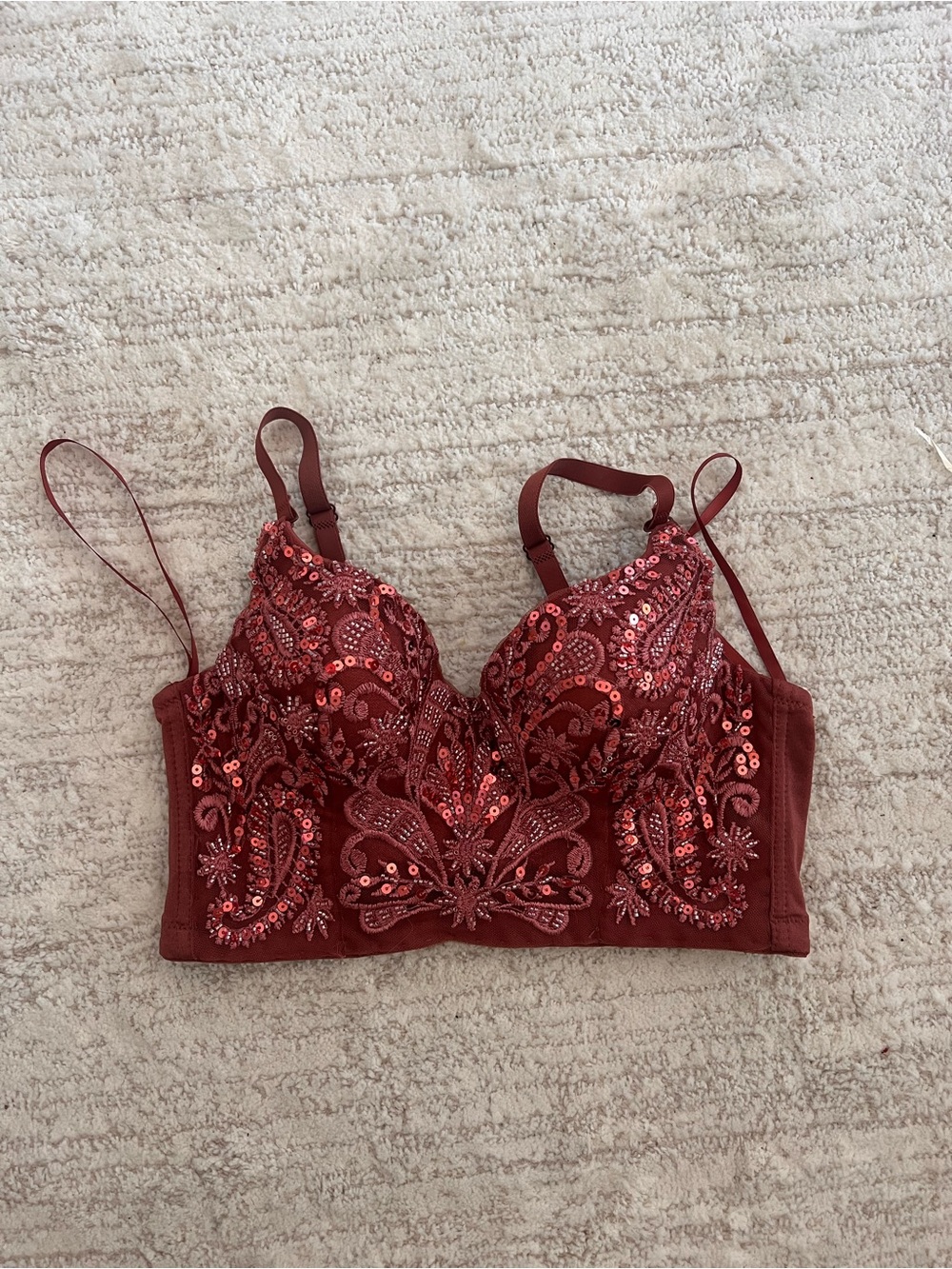 Windsor Embellished Sequin Lace Bralette in Burgundy Red